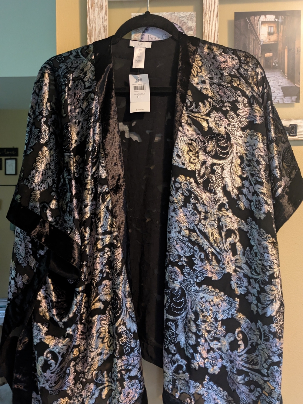 J.Jill Kimono Top In Floral- Black, Silver & Blue Size S/L NWT